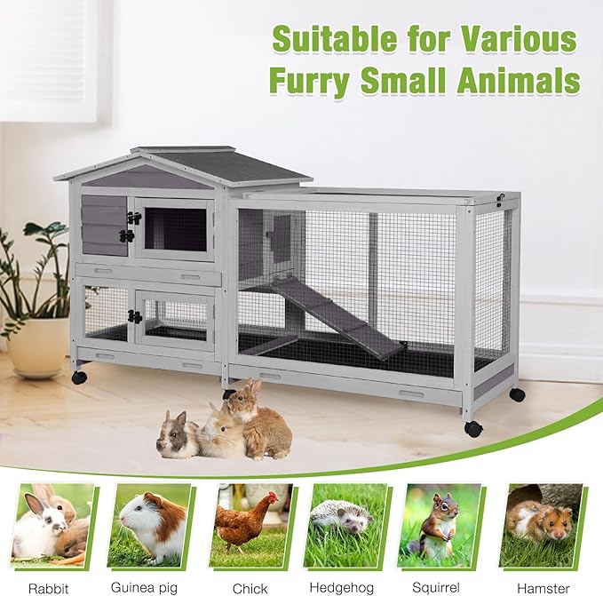 GUTINNEEN Rabbit Hutch Indoor with Chew-Proof Ramp, 62" L Wooden Rabbit Cage with 6 Casters, Bunny Cage with 2 Trays and 2 Story for Small to Medium Animals (Gray)