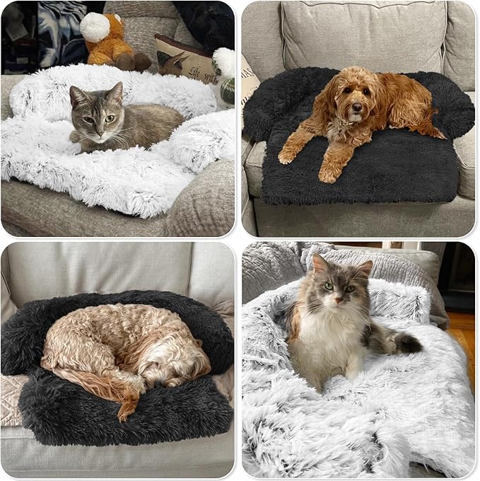 Calming Dog Bed Fluffy Plush Dog Mat for Furniture Protector with Removable Washable Cover for Large Medium Small Dogs and Cats (XS(31“x23.5”x5“), Dark Grey)