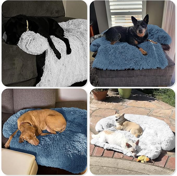 GGIB Calming Dog Bed Fluffy Plush Dog Mat for Furniture Protector with Removable Washable Cover for Large Medium Small Dogs and Cats (Medium, Navy)