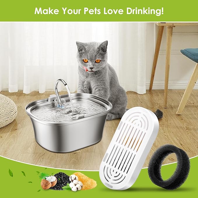 Cat Water Fountain Filters, 9 Pack Replacement Filters & Replacement Pre-Filter Sponges for Stainless Steel Pet Fountain with Water Level Window, Fountain Carbon Filters for Dog Water Dispenser Bowl