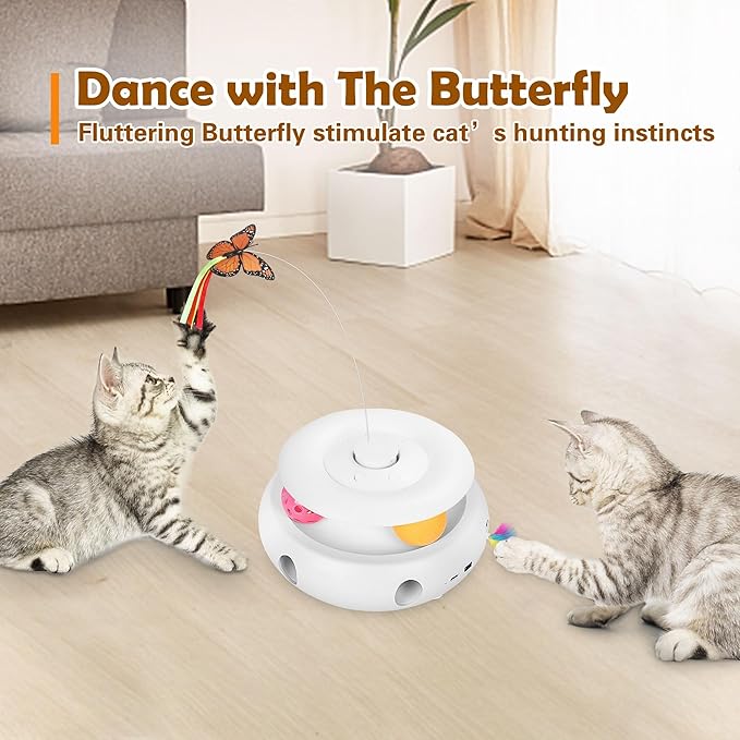 Cat Toys,3-in-1 Interactive Cat Toys for Indoor Cats,Rechargeable Automatic Interactive Cat Toy with Fluttering Butterfly,Smart Sensor 6 Holes Mice Whack-A-Mole and Track Balls, White