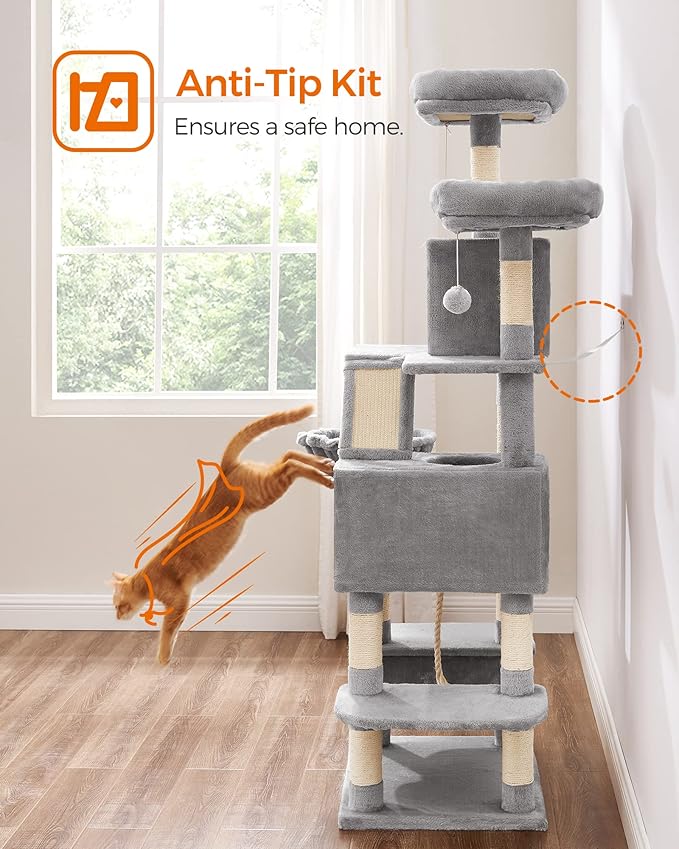 Feandrea Cat Tree, 66.1-Inch Large Cat Tower with 13 Scratching Posts, 2 Perches, 2 Caves, Basket, Hammock, Pompoms, Multi-Level Plush Cat Condo for Indoor Cats, Light Gray UPCT165W01