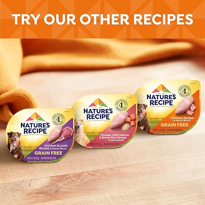 Nature’s Recipe Grain Free Chicken Recipe, Chicken & Venison Recipe and Chicken & Duck Recipe in Savory Broth Variety Pack Wet Dog Food, 12-2.75 oz. Cups, 2 Count
