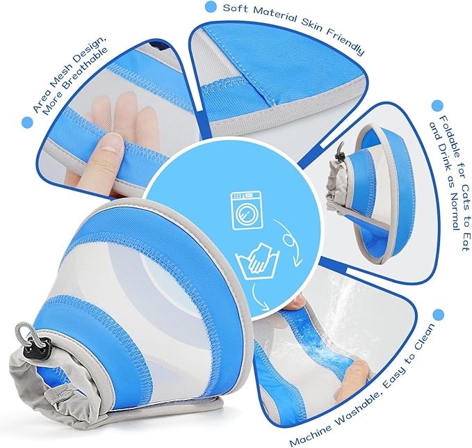 Breathable Air Mesh Cat Cone Collar Soft to Stop Licking, Adjustable, Foldable Lightweight Kitten Cones After Surgery Recovery for Cats & Kittens (Light Blue,M)