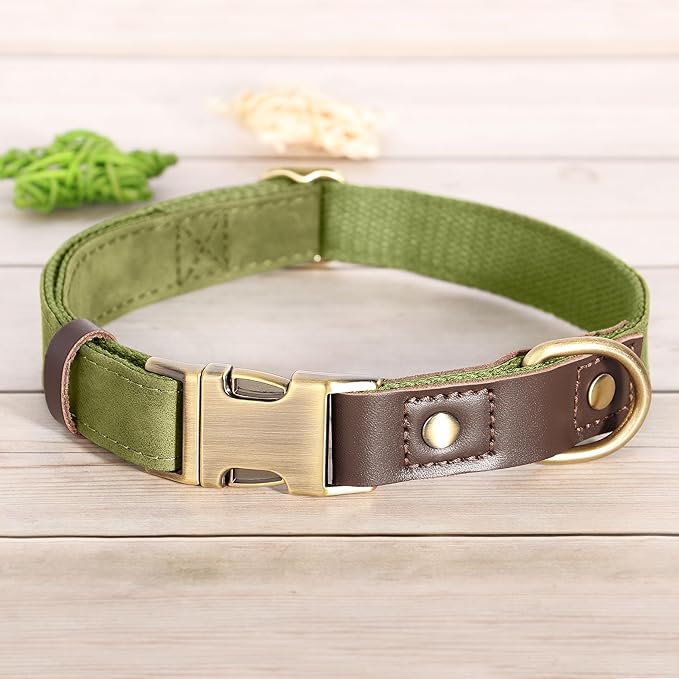 Didog Soft PU Leather Dog Collar for Large Dogs,Classic Adjustable Dog Collars with Quick Release Metal Buckle,Easy Clean and Comfortable with Nylon Lining,Olive Green,L Neck 15-23"