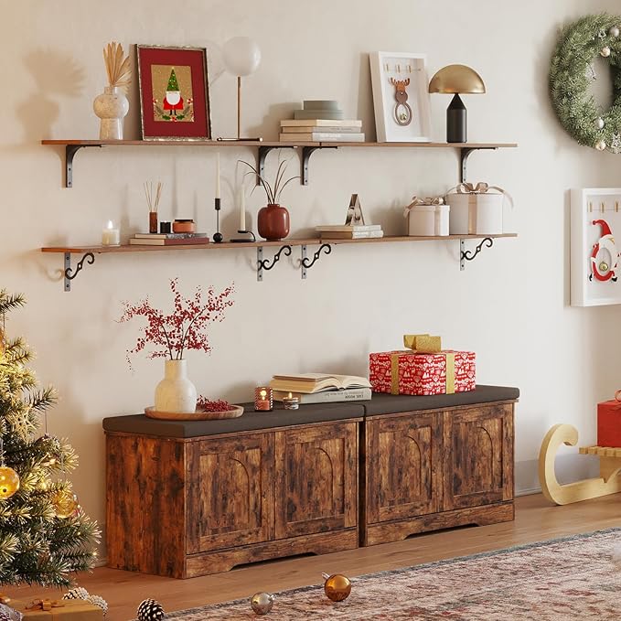 DINZI LVJ Shoe Bench, Entryway Storage Bench with Doors, Cushion, 2-Tier Shoe Rack with 6-Cubby, 31.5”L x 13.8”W Shoe Organizer Cabinet, Adjustable Shelf, Living Room, Bedroom, Rustic Brown