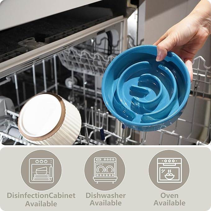 Ceramic Slow Feeder and Water Bowl Set for Small Dogs, Ceramic Dog Bowls Elevated with Wooden Stand, 0.6 Cups Dog Slow Feeder(14oz) and 30oz Water Bowl Set, Blue