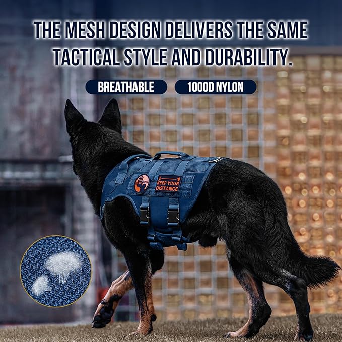 OneTigris Tactical Dog Harness for Small Medium Large Dogs, Mesh Design Service Dog Vest Breathable Military Dogs Molle Vests with Handles, Harness for Walking Hiking Training (Blue, L)