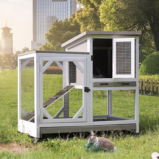 GUTINNEEN 2-Story Rabbit Hutch with Chew-Proof Ramp & Pull-Out Trays - Indoor/Outdoor 39.3" Wooden Rabbit Cage on Wheels for Rabbits, Guinea Pigs (Light Brown)