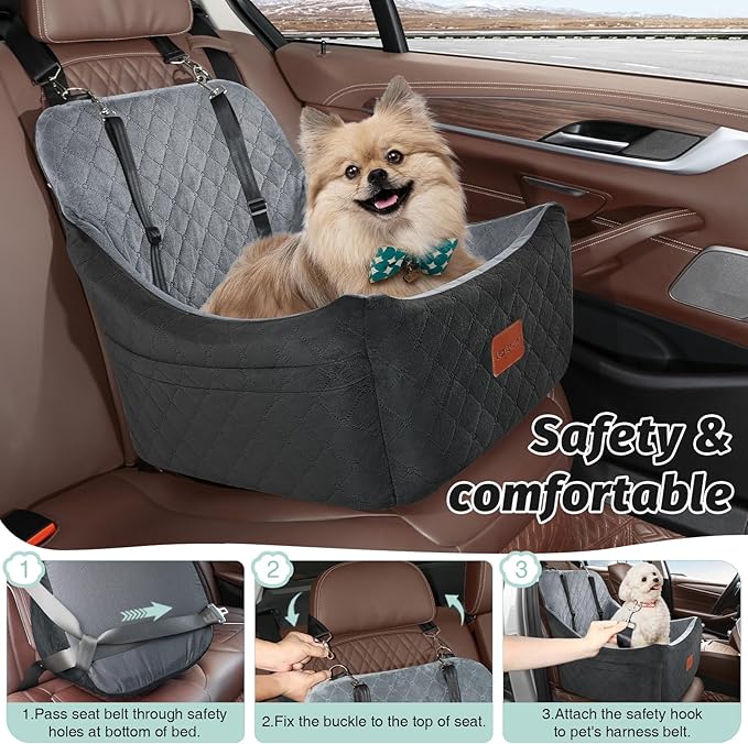 Dog Car Seat for Dogs Up to 35lbs,Fully Detachable and Washable,Memory Foam Covered Soft Fabric,Easy to Install with Adjustable Straps,Anti-Slip Bottom,Two Side Pockets(Black/Grey,Medium)