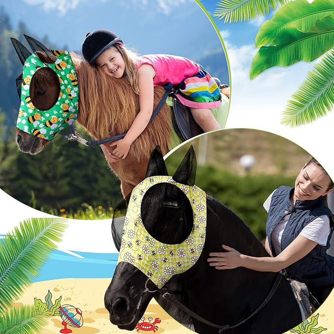 Qualirey12 Pieces Horse Fly Mask Bulk Comfortable Elasticity Mask for Horses with Ears Net UV Protection Breathable Horse Supplies Face Covering for Horse Pony and Foal (Flower Patterns, Large)
