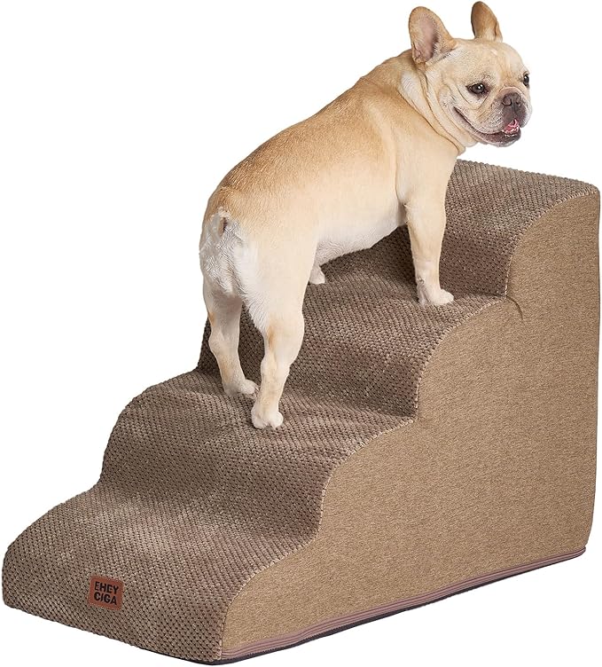 EHEYCIGA Curved Dog Stairs Ramp for High Beds 19.7" H, 4-Step Dog Steps for Small Dogs and Cats, Pet Stairs for High Bed Climbing, Non-Slip Balanced Pet Step Indoor, Camel
