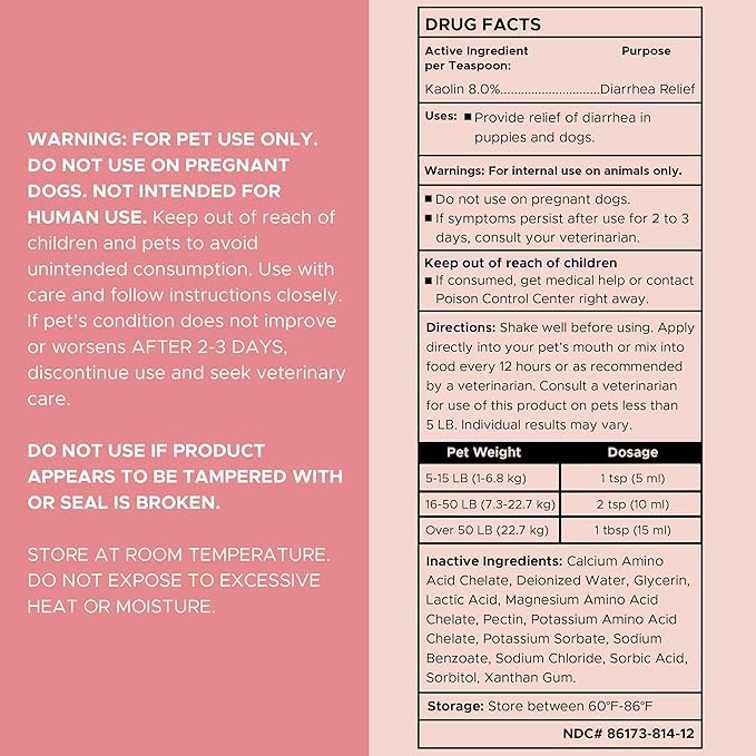 Chew + Heal Labs Anti Diarrhea for Dogs - 12 oz. of Stop The Diarrhea Liquid Supplement with Kaolin for Upset Stomach Relief - Made in The USA