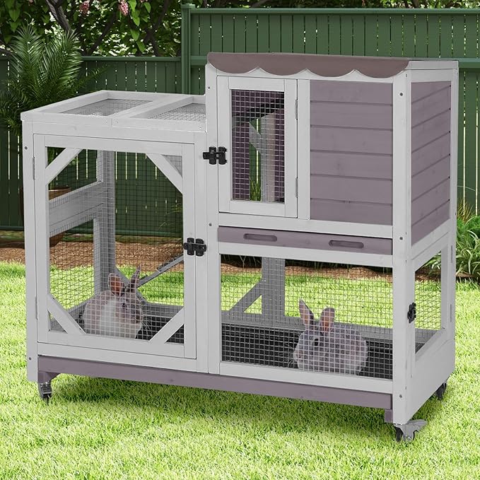 Aivituvin Rabbit Cage Indoor Outdoor Bunny Hutch on Wheels, 2 Story Wood Guinea Pig Cages with 2 Deeper Pull Out Trays (Gray)