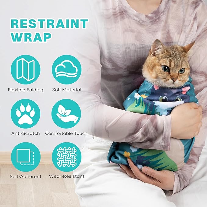 Cat Grooming Wrap, Cat Wrap for Cutting Nails, Self-Adherent Fabric Wrap for Cats, Cat Burrito Wrap Anti-Scratch, Anti-Escape, Multifunctional Swaddle Wrap Pet Tool 21.6×21.6"