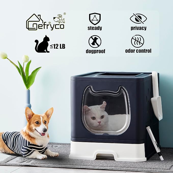 Gefryco Litter Box with Lid for Small to Medium Cats, Enclosed Cat Litter Box with Cover,High Sided Top Entry Cat Box with Brush and Scoop, Cute Kitty Litter Pan with Drawer for Growing Kitten(Black)