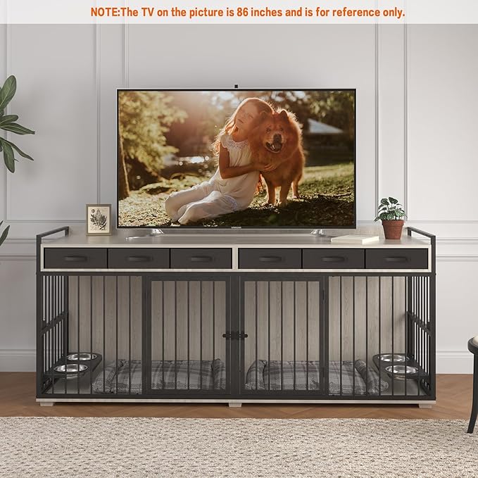 86.6inch Dog Crate Furniture with Storage,Furniture Style TV Stand Dog Kennel for 2 Dogs,with 6 Drawers,Removable Divider&Adjustable Bowls,Heavy Duty Metal Chew-Resistant Dog Crate Furniture