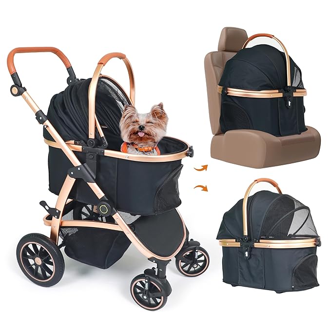 3 in 1 Pet Stroller - Stroller for Small to Medium Dogs and Cats up to 55 lbs, with Detachable Carrier/Car Seat, Foldable and Lightweight, Detachable Cushion + Cup Holder (Black/Gold)