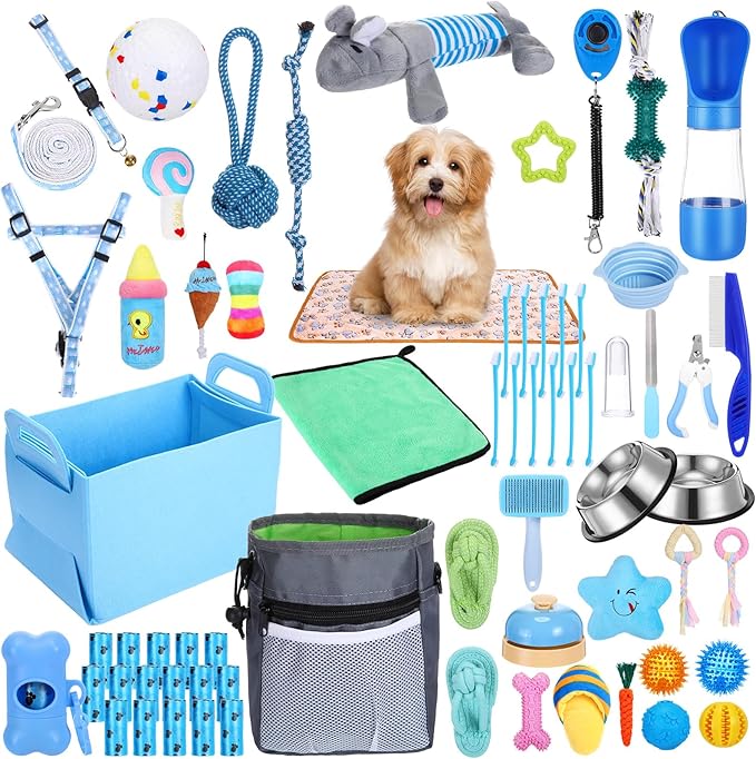 65 Pcs Puppy Supplies Starter Kit Small Dog Essentials Includes Dog Leash, Toys, Bowl, Brushes, Water Bottles, pet Blankets Puppy Accessories for New Welcome Gift Supplies(Cool,Blue)