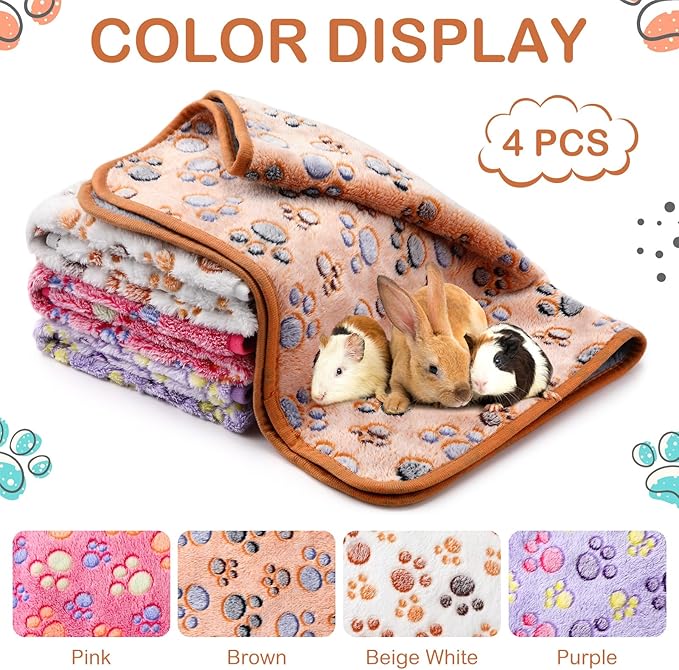 4 Pcs Waterproof Guinea Pig Blankets Washable Small Animal Fleece Bedding Absorbent Guinea Pig Cage Liners Reusable Pet Pee Pad Sleep Mat Pad Cover for Hamster Ferret (Paw Print, 18 x 13 Inch)