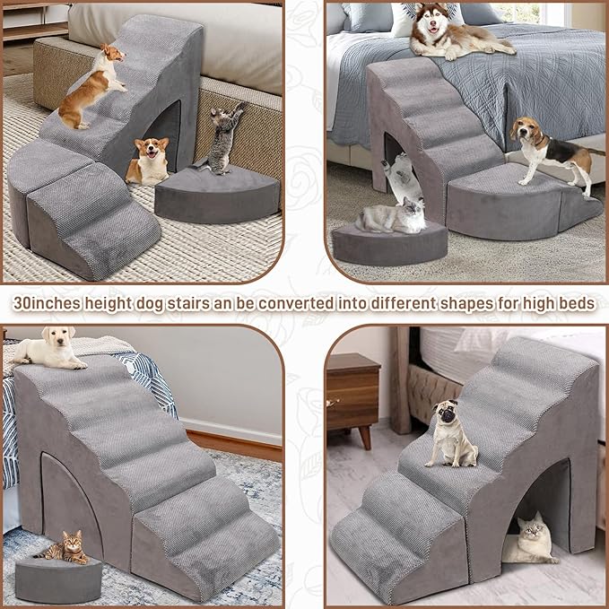 Foam Dog Stairs & Steps Ramps for High Beds 30 inches Tall for Small Dogs and Cats, LitaiL 6 Step Pet Stairs Steps for High Beds 30 inch Large Dogs, Non-Slip Dog Ramps for Older Cat