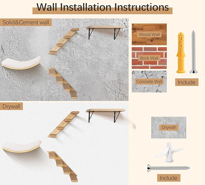 Cat Wall Shelves Set with Sisal Cats Window Perch, 4 Piece Wood Climbing Furniture with Curved Sisal Bed, Flat Shelf & Two Wall-Mounted 4 Steps Cat Stairs