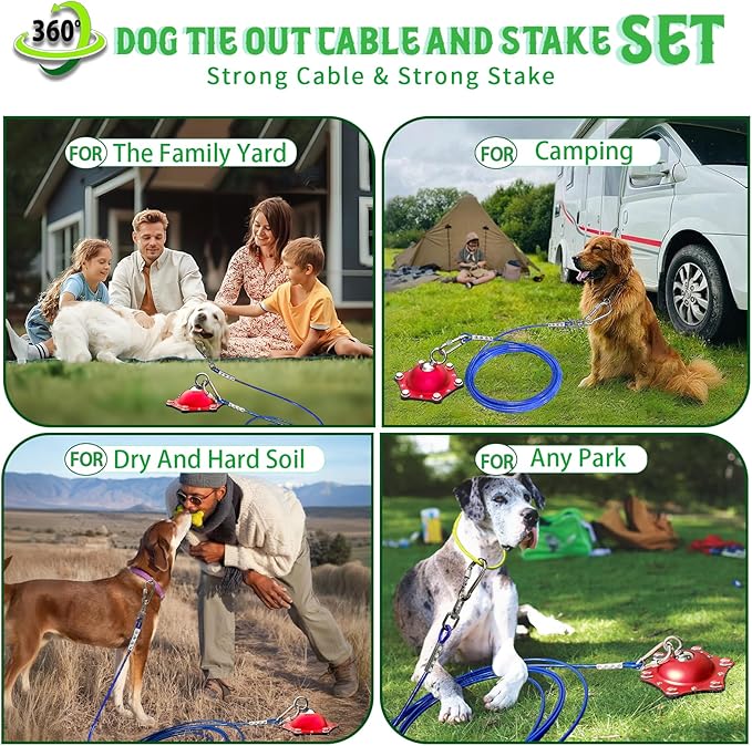 Dog Tie Out Cable and Stake for Yard,(up to 200lbs) 360°Swivel Dog Run Anchors- No Tangle,with 30FT Heavy Duty Tie Out Cable for Dogs,Runner for Yard,Ideal for Outdoor Camping