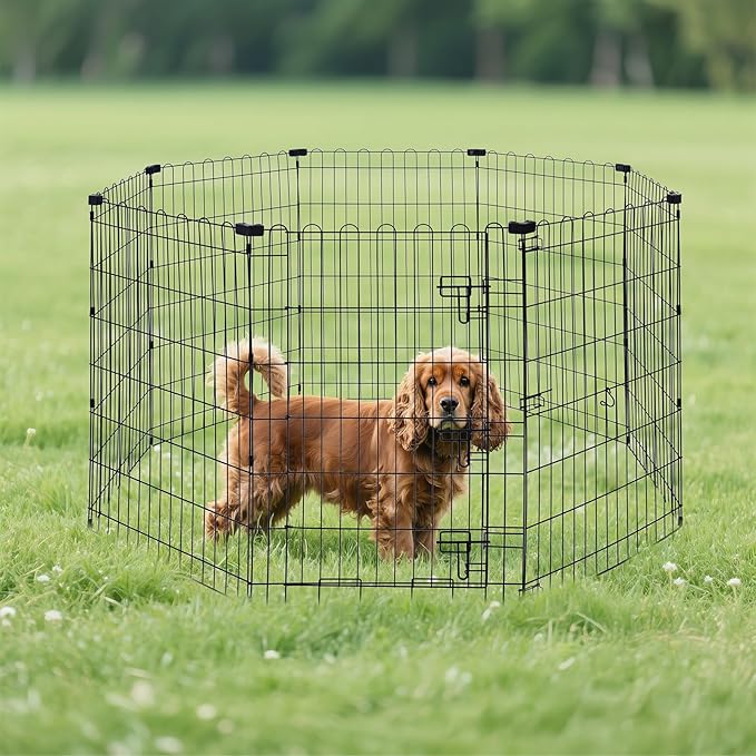 Amazon Basics Foldable Octagonal Metal Exercise Dog Playpen - Indoor/Outdoor, Single Door, Medium (8 Panels, 24 x 36), Easy to assemble and store, 36" - Medium, Black