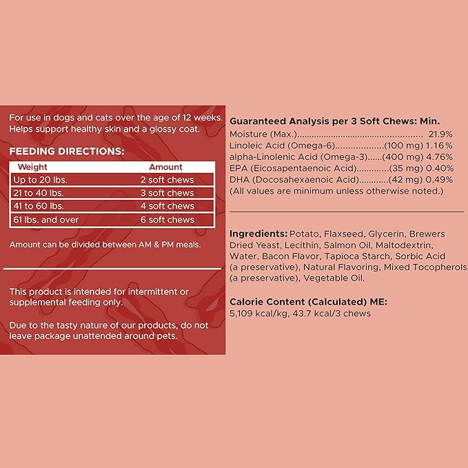 Best Itchy Skin Relief for Dogs -360 Soft Chew Omega Treats for Skin and Coat -Salmon Oil Blend of Fatty Acids, Omega 3, 6, Vitamins, Antioxidants -Made in USA (2 Packs of 180, Bacon Flavor)