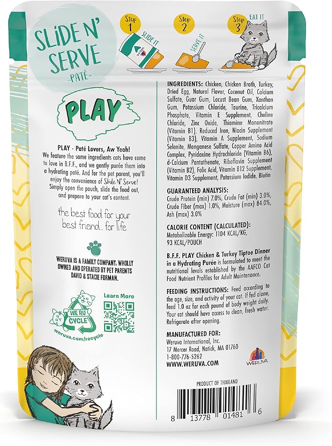 B.F.F. PLAY - Best Feline Friend Paté Lovers, Aw Yeah!, Chicken & Turkey Tiptoe with Chicken & Turkey, 3oz Pouch (Pack of 12)