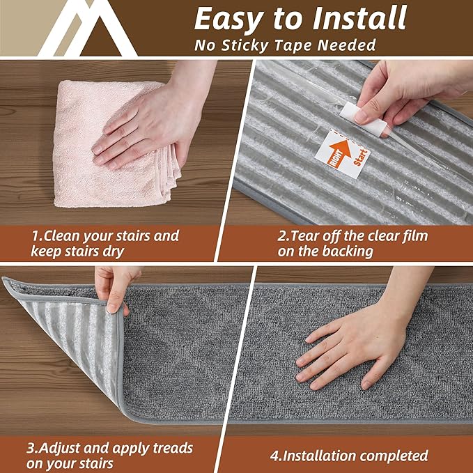 COSY HOMEER Stair Treads for Wooden Steps 9"x28" Washable Indoor Carpet Stair Treads Non Slip Soft Polyester Stair Carpet Tread Reusable Stair Runner Rugs for Kids, Elders,Pets,Medium Grey,10pcs