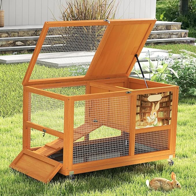 COZIWOW Wooden 36Inches Rabbit Hutch Indoor with Wheels Bunny Cage Outdoor Rabbit Cage with Clean Tray, Openable Roof, Anti-Slip Ramp for Small Bunny (Orange with Pattern)