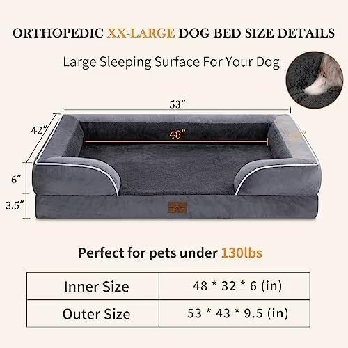 Comfort Expression Dog Beds Memory Foam, XXL Orthopedic Waterproof Dogs Beds, Giant Washable Dog Beds with Bolster & Removable Cover(XX-Large,Leaden Grey)