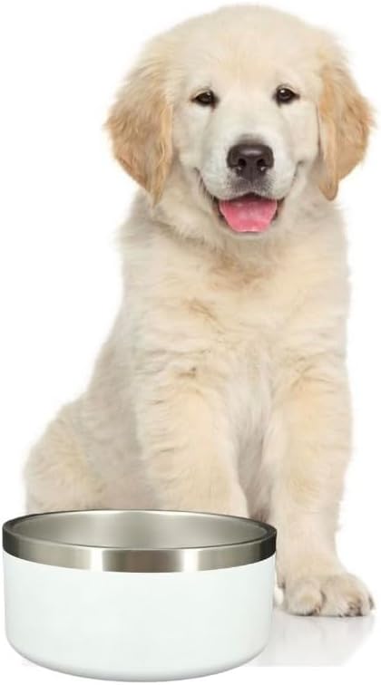 Dog Bowl - Vacuum Insulated Keeps Water Cool, Non-Slip Base, Easy Clean Interior, Durable Stainless Steel, Multiple Colors, Ideal for Travel, 32 Oz - Pet Bowl (White)