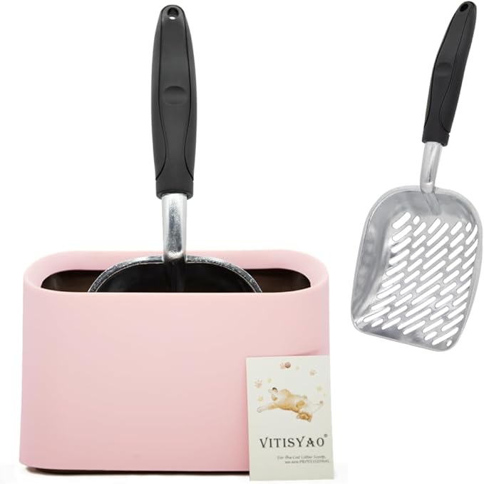 Full Metal Cat Litter Scoop with Holder – Heavy Duty Litter Scooper & Speed Sifter – Aluminum Cat Poop Scooper Captures All Clumps – Washable Stand for Easy Cleaning