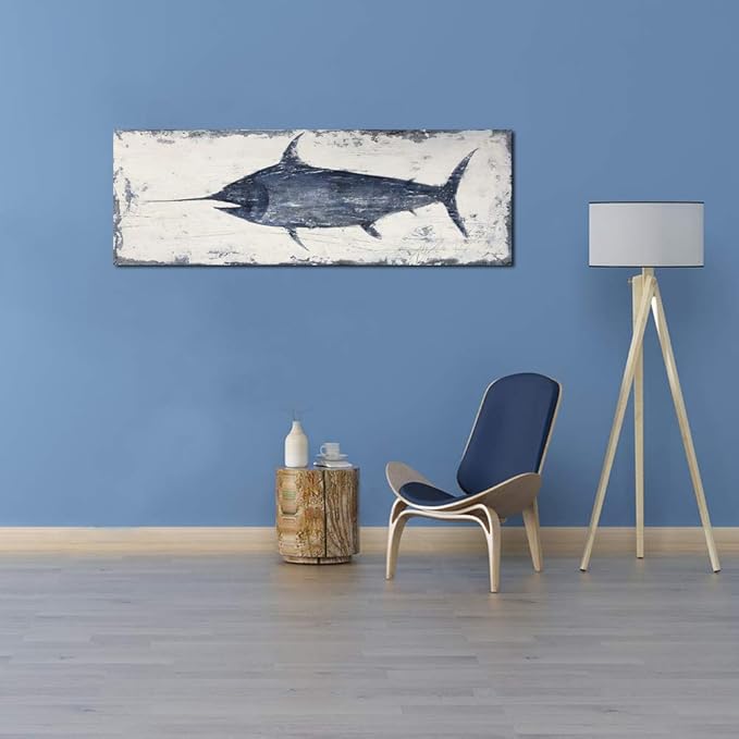 Yihui Arts Indigo Blue Swordfish Canvas Wall Art Painting Pictures for Living Room Bedroom Bathroom Decor