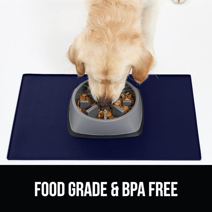 GORILLA GRIP 100% Waterproof Raised Edge BPA Free Silicone Pet Feeding Mat, Dog Cat Food Mats Contain Spills Protects Floors, Placemats for Cats and Dogs Water Bowl, Pets Accessories 28x18 Navy