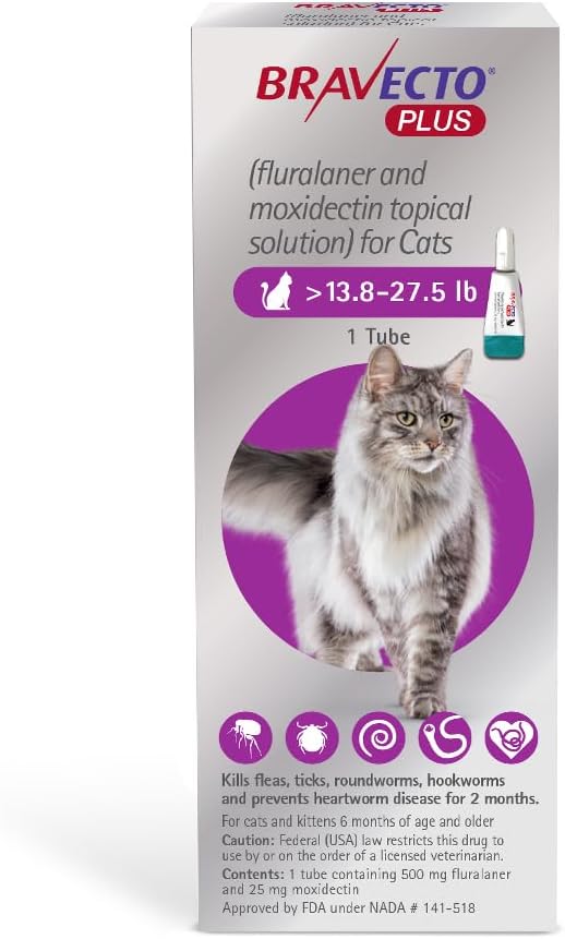 BRAVECTO PLUS Topical Solution for Cats, Flea, Tick & Heartworm, 2 Months Supply, 13.8-27.5 lbs., Purple Box