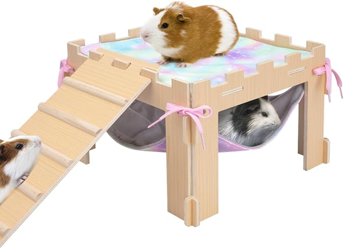 Guinea Pig Hammock with Platform and Ramps,Wooden Small Animal Hideout with Waterproof Coating Mat Hammock,Guinea Pig Cages Accessories Toys Hiding Playing,Easy to Clean(Single)