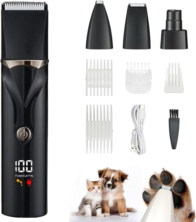 Dog Grooming Kit with LCD Display, 4 in 1 Dog Hair Trimmer for Paw Nail Grinder, Rechargeable Cordless Pet Cat Clippers, Professional Pet Paw Trimmer Nail Grinder Low Noise. Black