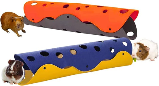 Guinea Pig Tunnels, Foldable Fleece Hideout Beds with Cheese-Hole Design, 2 Pack Modular Tunnel Set for Play and Rest, Brings Comfort and Enrichment to Guinea Pig Cages-Blue&Grey