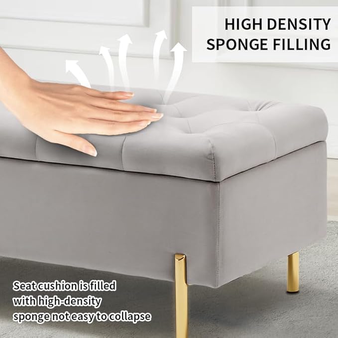 45.6 Inch Velvet Storage Bench, Tufted Upholstered Ottoman with Storage, Bedroom Living Room Entryway Rectangular Accent Bench, Grey