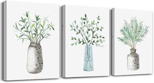 AHUASJART Canvas Wall Art Paintings For Kitchen Dining Room Large Size Wall Decor Living Room Wall Decoration For Bedroom Office Decor Green Leaf Vase Wall Pictures Artwork For Home Walls 3 Piece