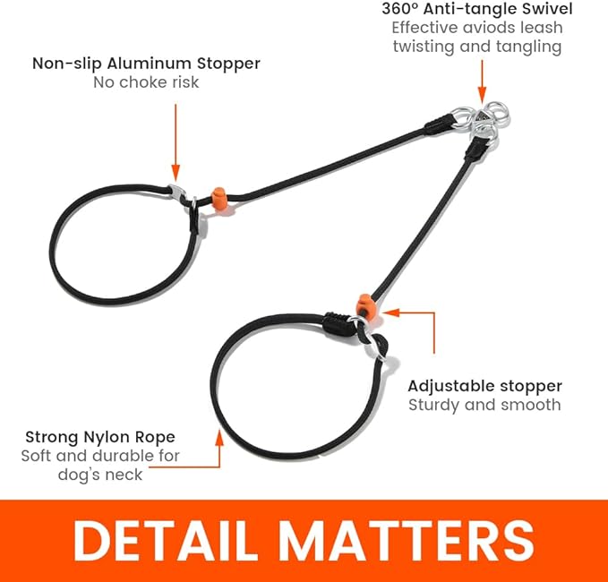 Howgo Double Slip Leash Slip Lead | Dual Dog Lead for 2 Dogs,360° Swivel No Tangle | Dog Training Nylon Leash and Collar | Double Clip Coupler and Splitter | Lightweight Aluminum (Red, 3FT)