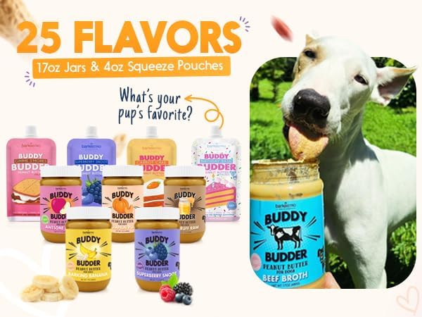 BUDDY BUDDER 6 Pack Mixed Flavor Squeeze Packs, 100% Natural Dog Peanut Butter, Healthy Peanut Butter Dog Treats, Made in USA, (4oz Packs)