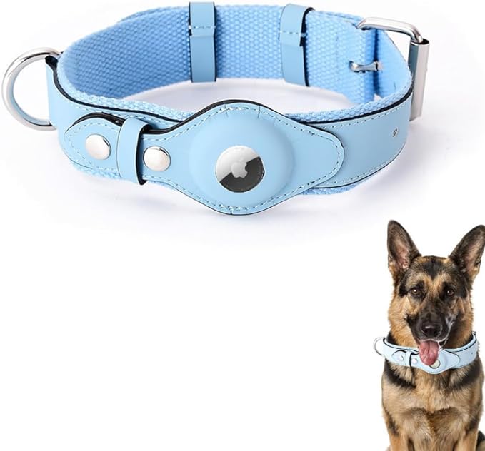 AirTag Dog Collar Soft Leather Webbing Dog Collar for AirTag Provides Double Protection for Small Medium and Large Dogs(Blue,M)