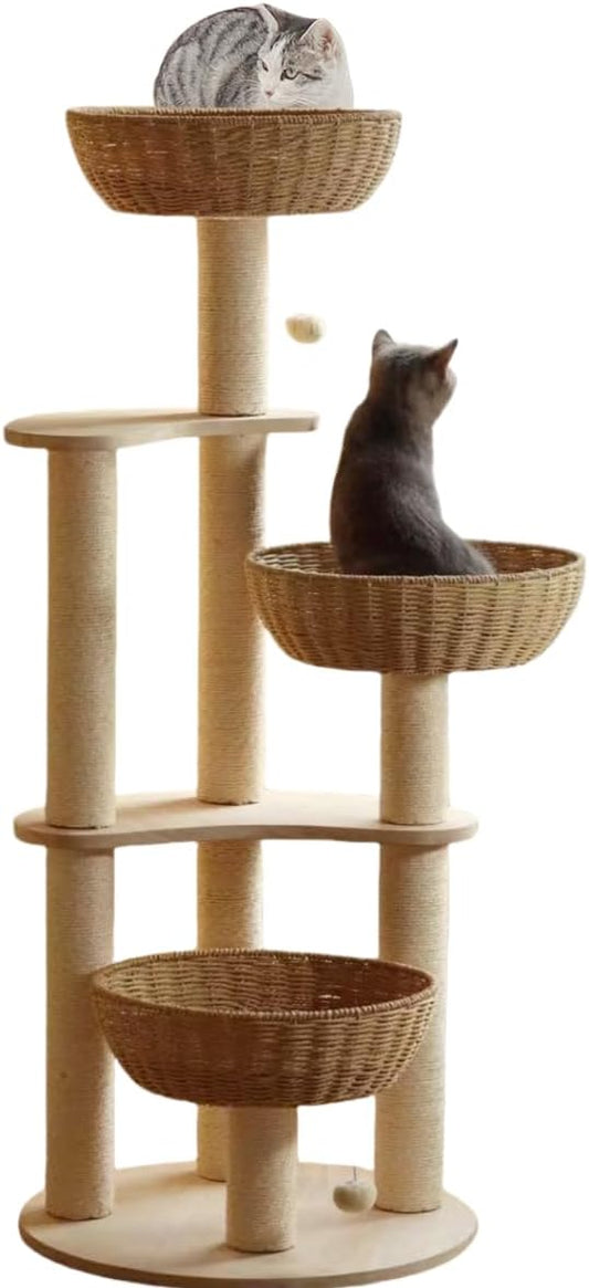 54" Large Modern Cat Trees, Luxury Rattan Oak Solid Wood Cat Trees Towers，3 Weaving Cat Nests & Washable Cool Cushions, Sisal Scratching Posts,Cat Condo for Indoor Cats- Wood Wax Oil Version