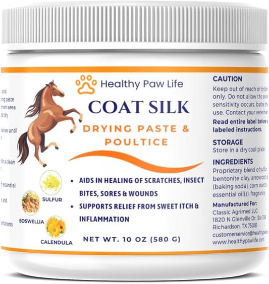 Coat Silk Drying Paste & Poultice for Horses – Natural Relief for Wounds, Scratches, Sores & Sweet Itch – Enriched with Sulfur, Boswellia & Calendula – 10 oz