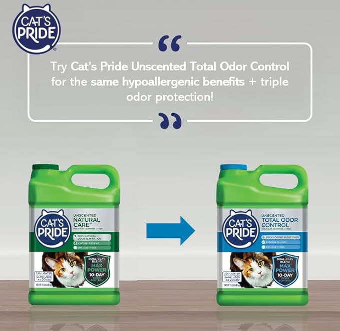 Cat's Pride Max Power: Natural Care - Up to 10 Days of Powerful Odor Control - 100% Natural Odor Elimination - Hypoallergenic - 99% Dust Free - Multi-Cat Clumping Litter, Unscented, 15 Pounds