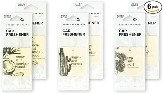 Broken Top Botanical Car Air Freshener Variety Pack, 6 Pack (2 Coconut Sandalwood, 2 Saguaro Cactus, 2 Sea Salt Surf)